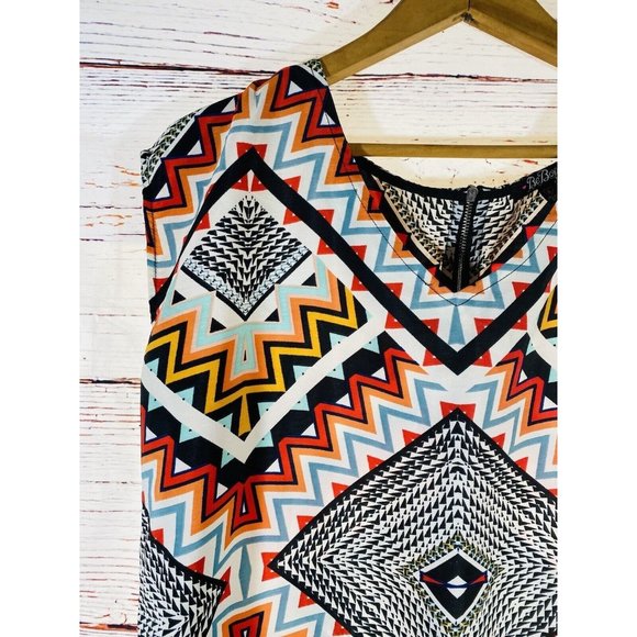 BeBop Dress Womens Large Shift Tunic Aztec Tribal Bold Print Sleeveless Back Zip - Picture 3 of 12